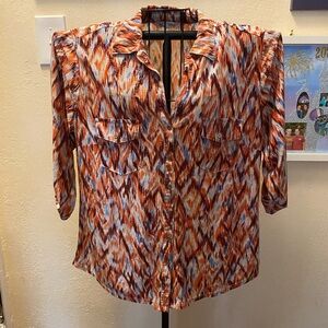Vibrant Orange and Brown Boxy Blouse with Mandarin Collar